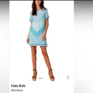 Hale Bob Blue & White Patterned Short Sleeve Mini Dress